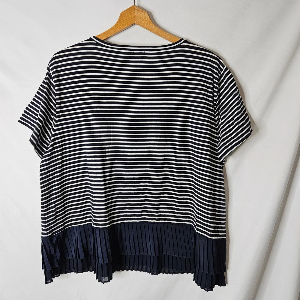 J. Crew Navy and White‎ Striped  Pleated Chiffon Hem Blouse sz XL